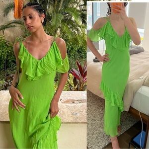 Zara neon fluorescent green ruffle frill off shoulder asymmetrical midi dress M